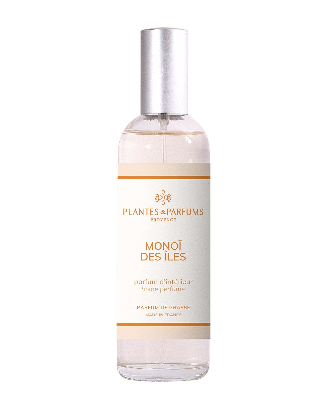 Parfum d’intérieur vaporisateur 100 ml, fragrance Monoï des îles de Plantes & Parfums. Contenant en verre.