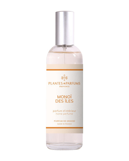 Parfum d’intérieur vaporisateur 100 ml, fragrance Monoï des îles de Plantes & Parfums. Contenant en verre.