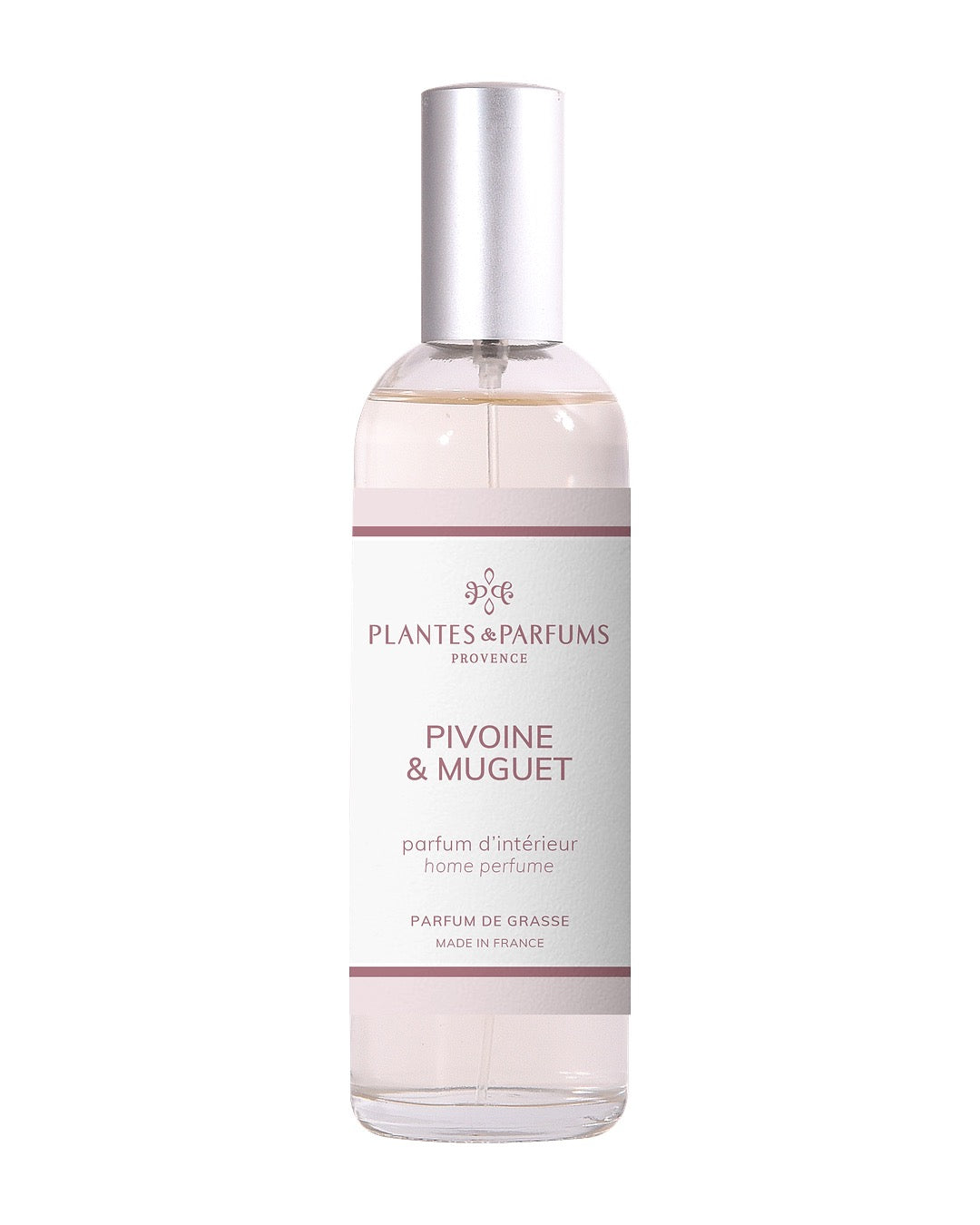 Parfum d’intérieur vaporisateur 100 ml, fragrance Pivoine & Muguet de Plantes & Parfums. Contenant en verre.