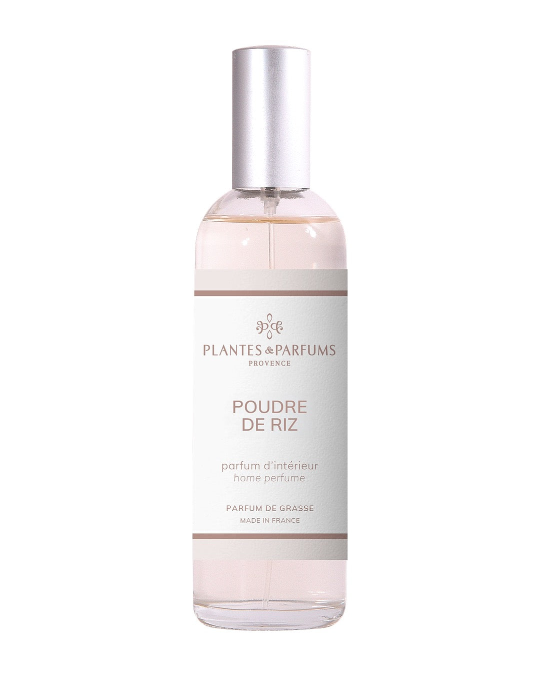 Parfum d’intérieur vaporisateur 100 ml, fragrance Poudre de Riz de Plantes & Parfums. Contenant en verre.