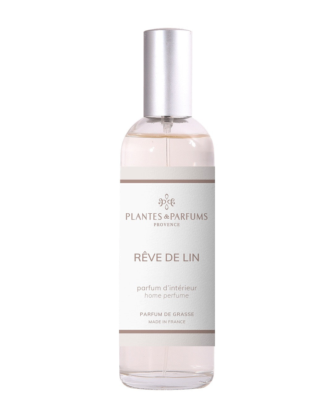 Parfum d’intérieur vaporisateur 100 ml, fragrance Rêve de lin de Plantes & Parfums. Contenant en verre.