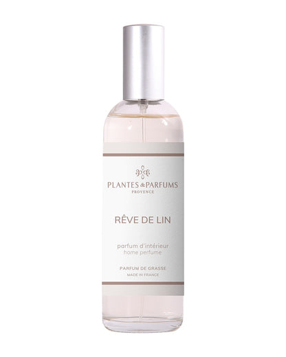 Parfum d’intérieur vaporisateur 100 ml, fragrance Rêve de lin de Plantes & Parfums. Contenant en verre.