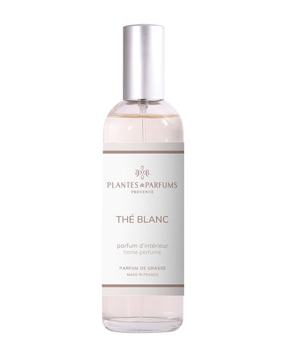 Parfum d’intérieur vaporisateur 100 ml, fragrance Thé blanc de Plantes & Parfums. Contenant en verre.