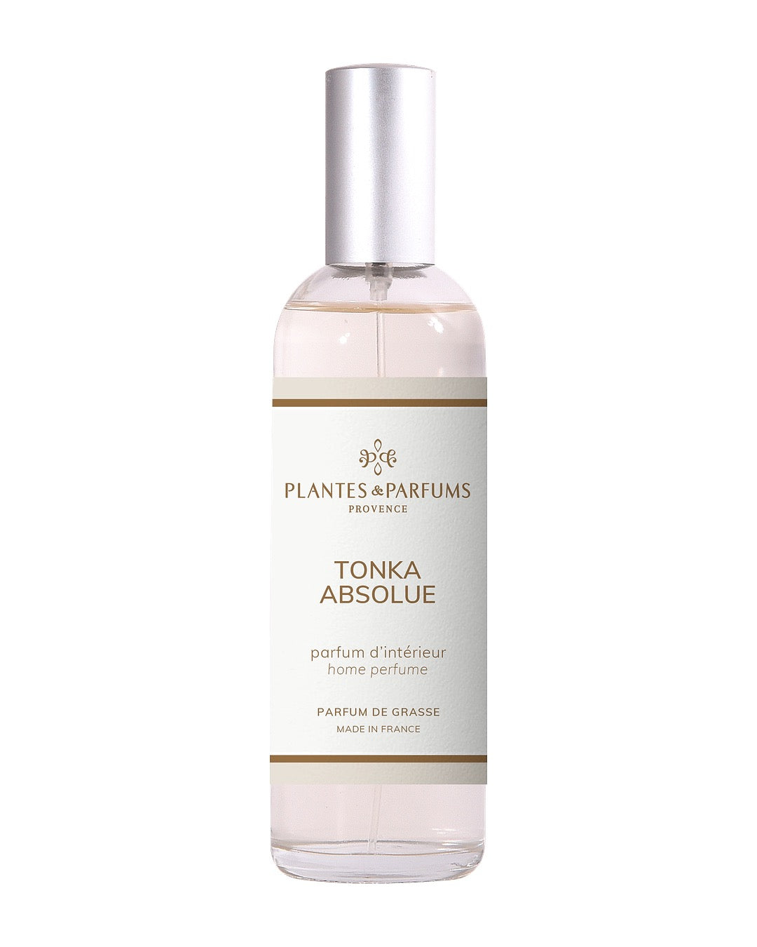 Parfum d’intérieur vaporisateur 100 ml, fragrance Tonka absolue de Plantes & Parfums. Contenant en verre.