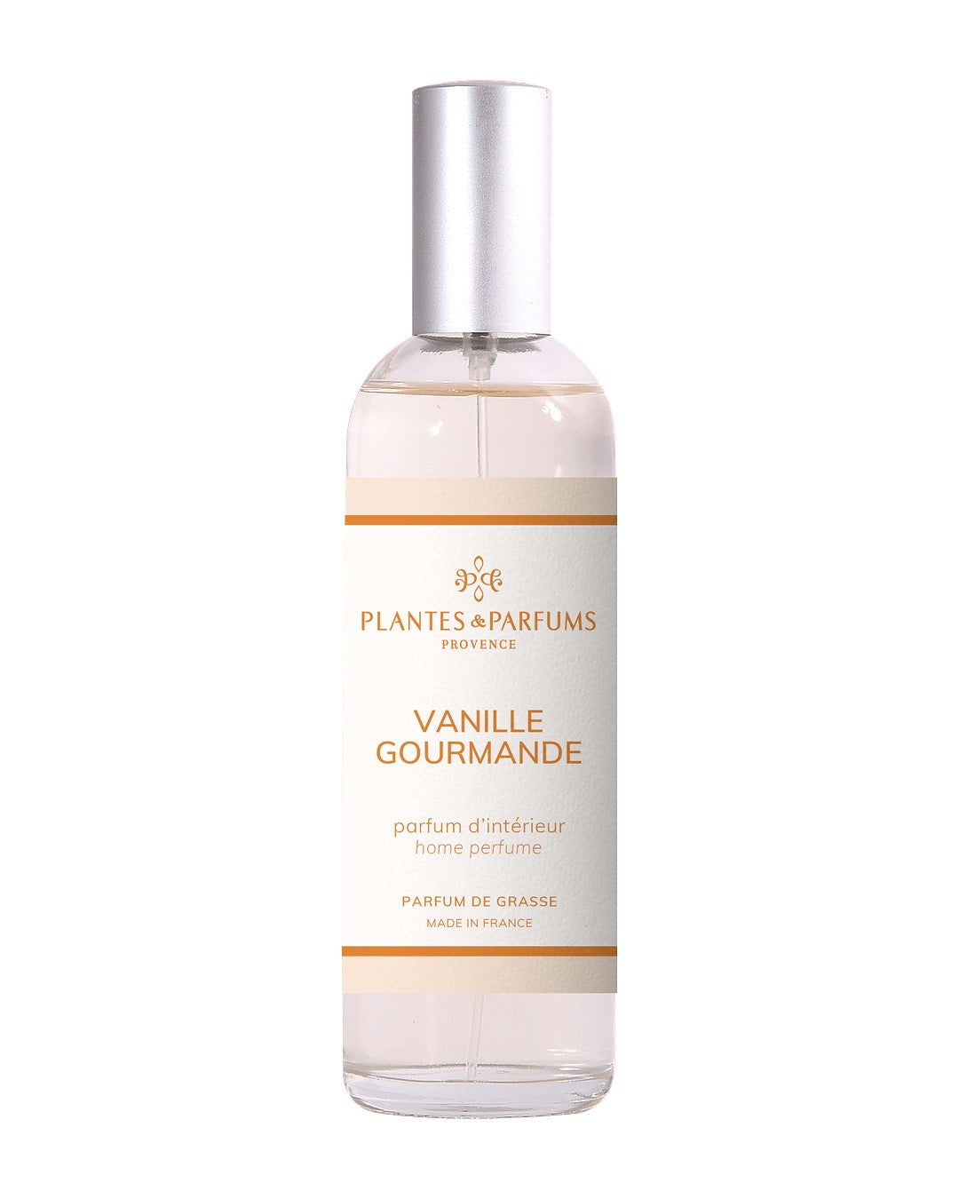 Parfum d’intérieur vaporisateur 100 ml, fragrance Vanille gourmande de Plantes & Parfums. Contenant en verre.