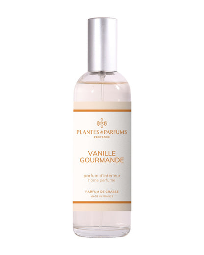 Parfum d’intérieur vaporisateur 100 ml, fragrance Vanille gourmande de Plantes & Parfums. Contenant en verre.