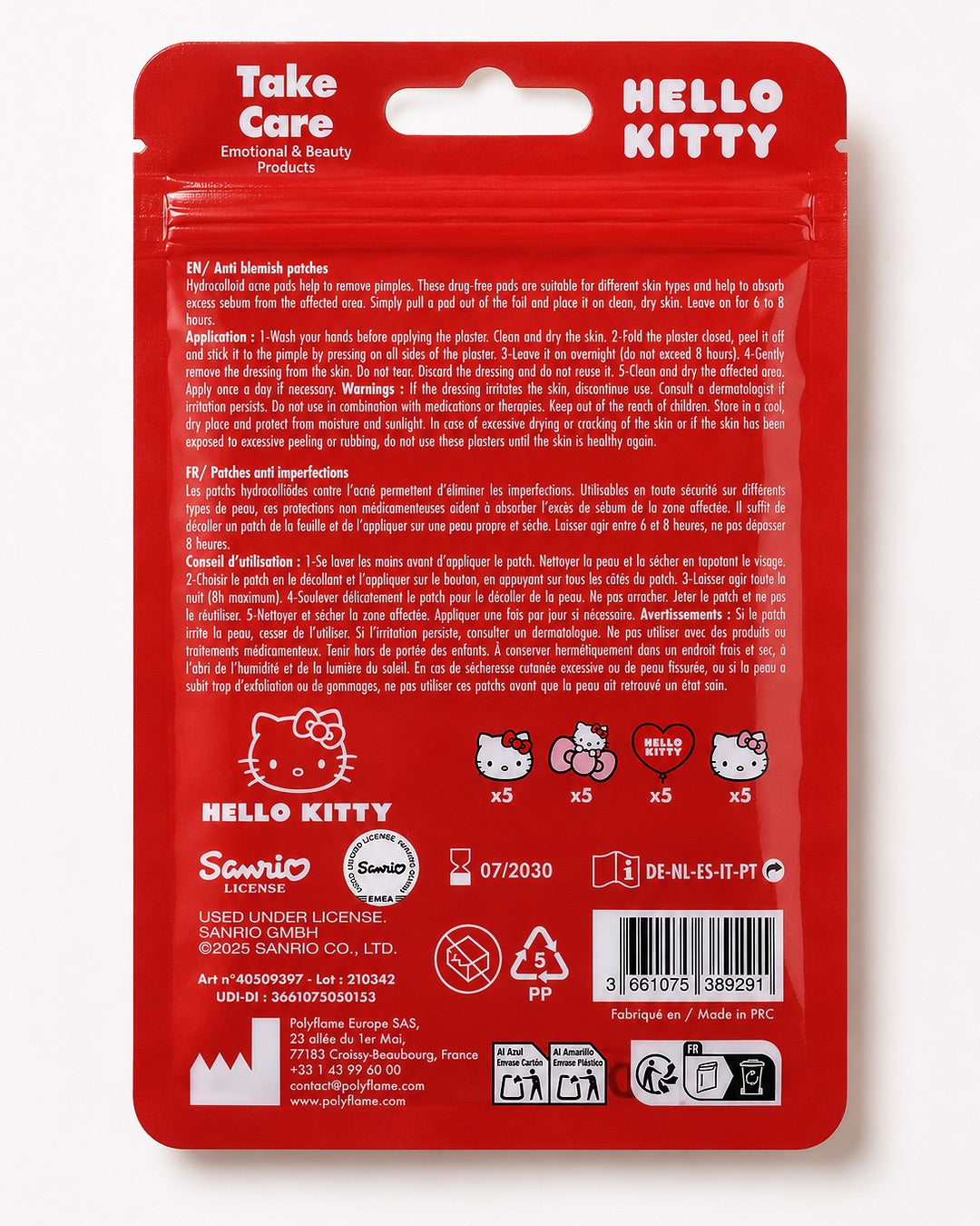 Vue arrière du sachet rouge affichant le mode d’emploi détaillé en français et en anglais, les avertissements et les logos officiels.