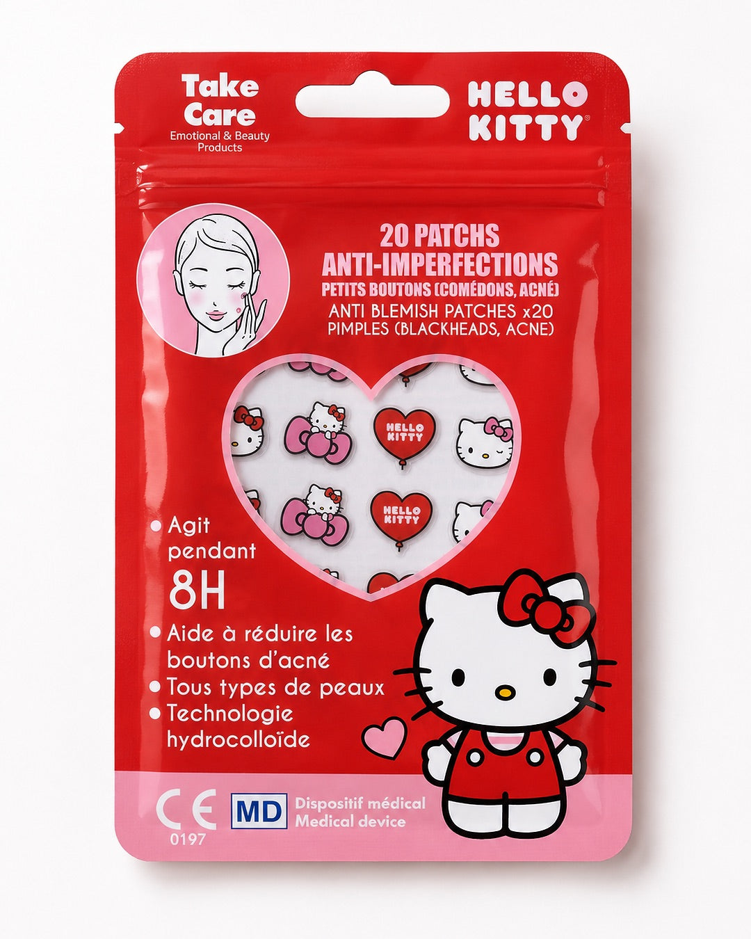 L’image montre un emballage rouge de patchs anti-imperfections hydrocolloïdes Hello Kitty contenant 20 patchs pour boutons et acné.