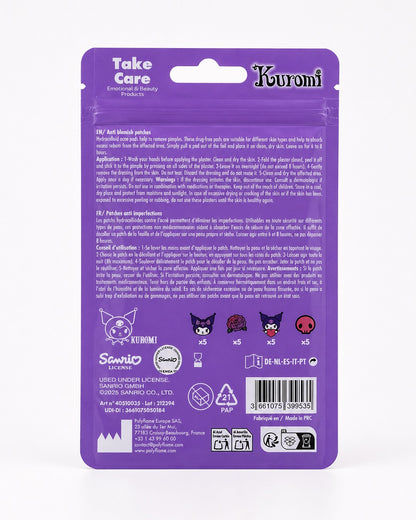 Vue arrière du sachet violet de patchs anti-imperfections Kuromi Sanrio montrant la liste des ingrédients et le mode d'emploi.