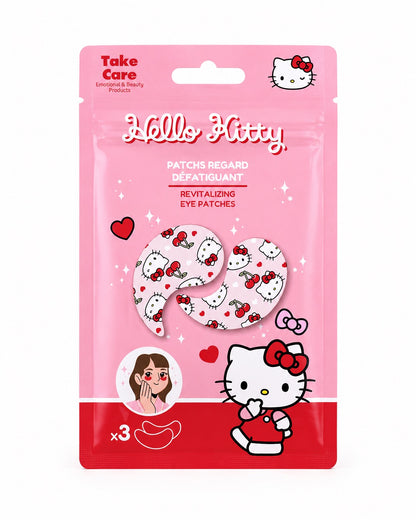 Vue de face du sachet rose de patchs regard défatiguants Hello Kitty, présentant une illustration des patchs imprimés de cerises et de petits cœurs.
