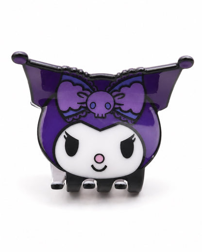 Vue de face de la pince à cheveux compacte noire et mauve en forme de tête et silhouette de Kuromi Sanrio.
