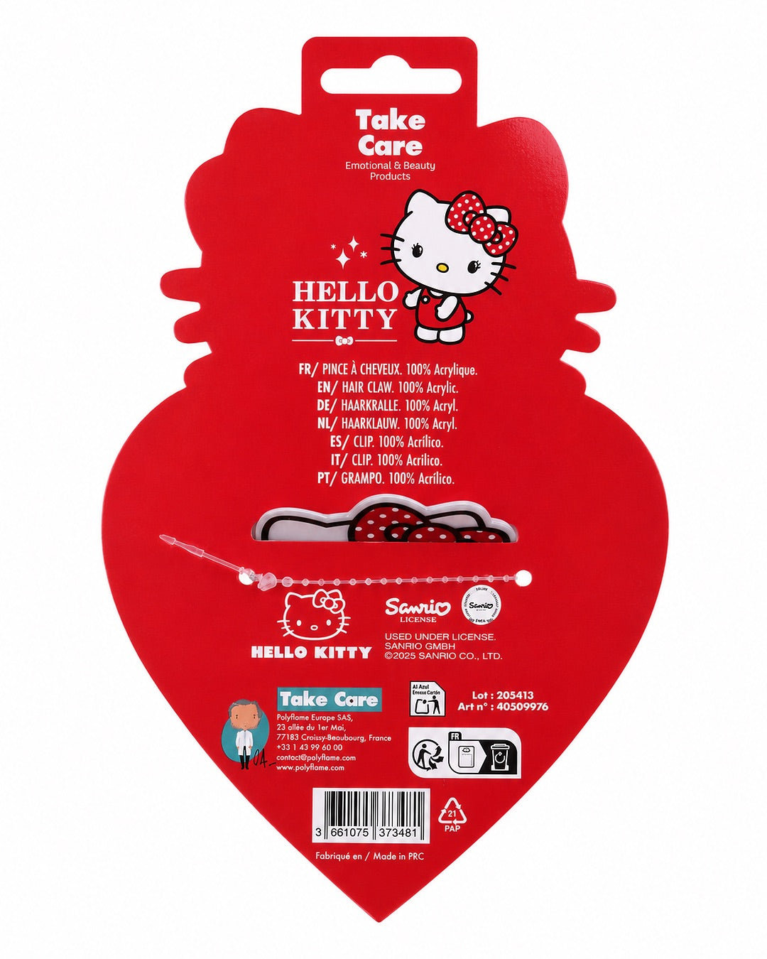 Vue arrière du carton d’emballage rouge en forme de silhouette montrant l’arrière de la pince blanche, les codes barres et les logos de licence.