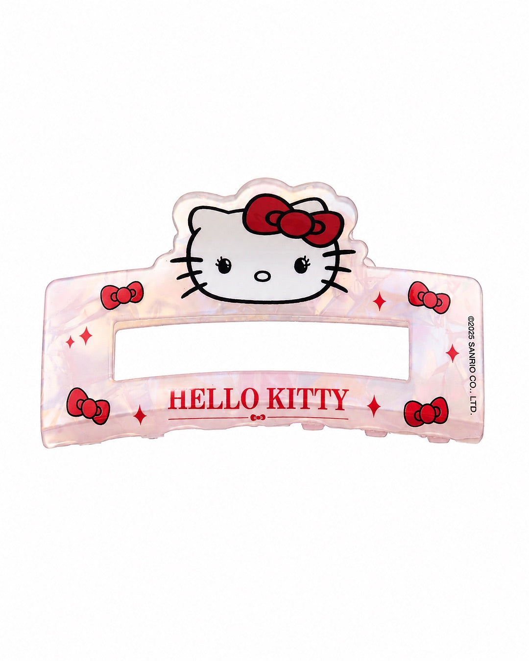 Vue de face d’une grande pince à cheveux rectangulaire Hello Kitty en acétate rose opale nacré, ornée de nœuds rouges.