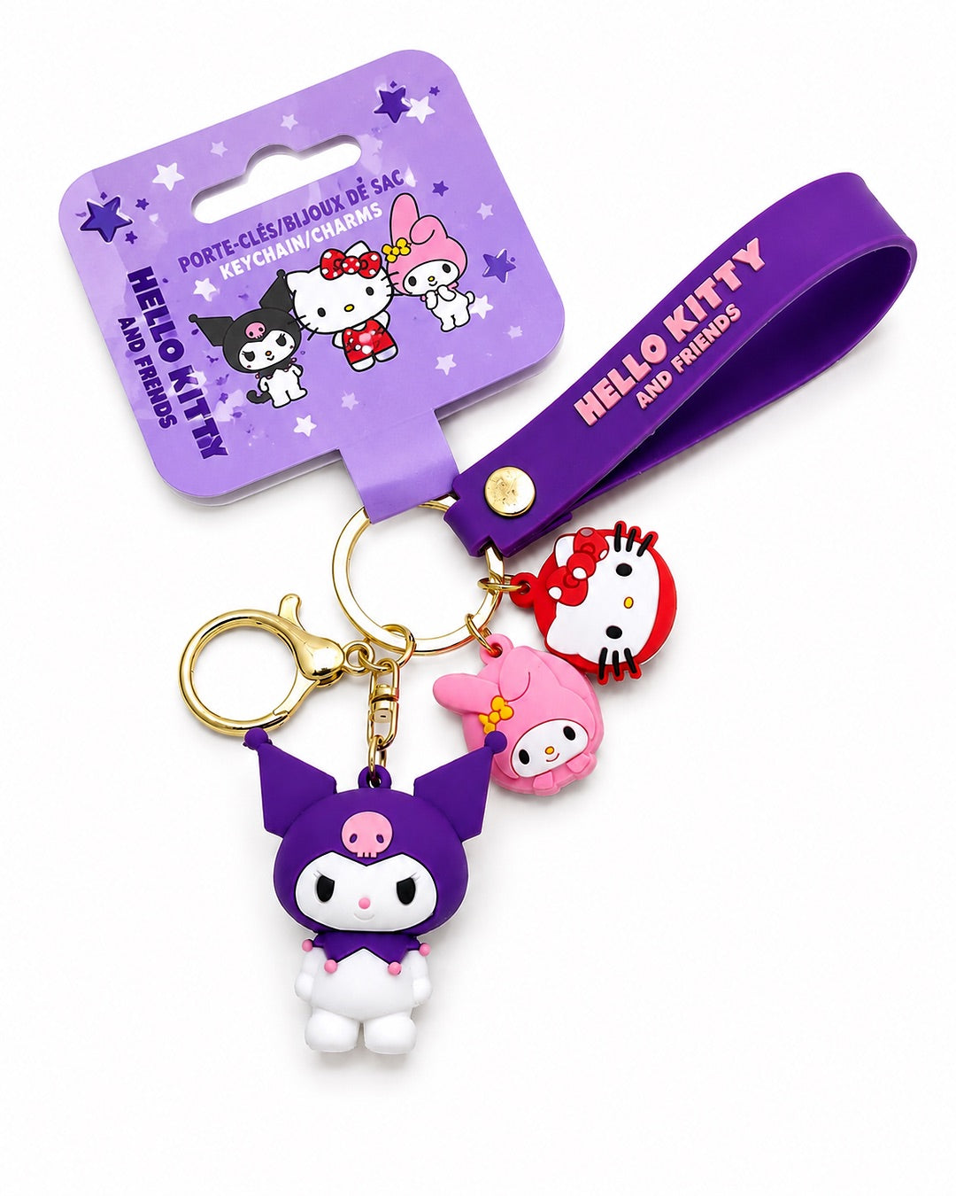 Porte-clés Kuromi Sanrio avec sa sangle violette Hello Kitty présenté de face attaché à son étiquette cartonnée violet d'origine.