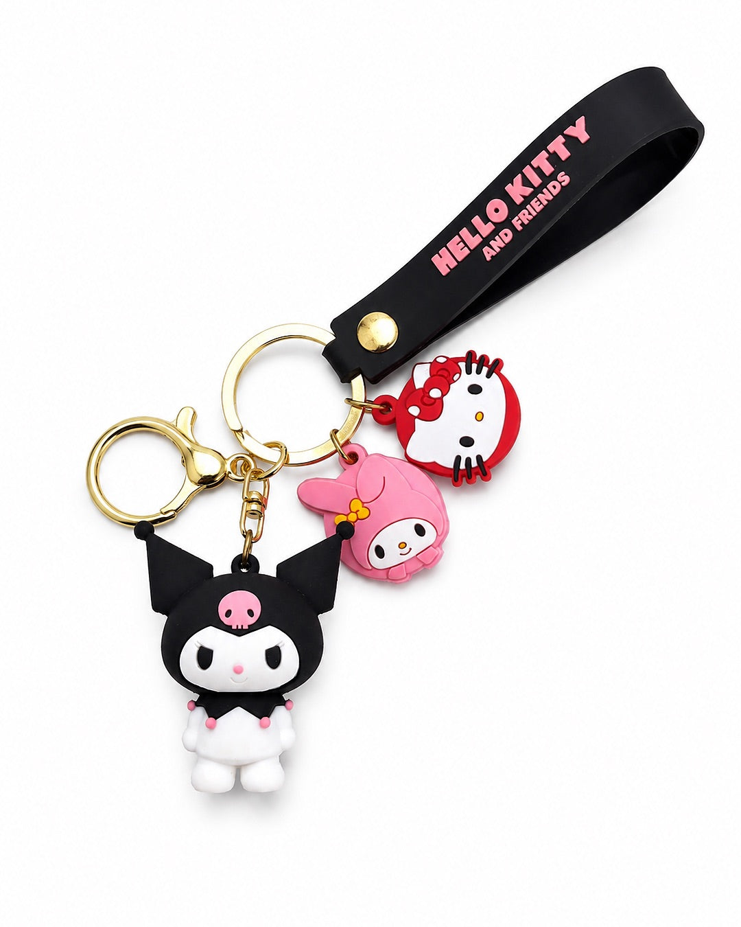 Vue de face d'un porte-clés figurine 3D Kuromi Sanrio avec des breloques et une sangle noire écrite Hello Kitty and Friends en lettres roses.