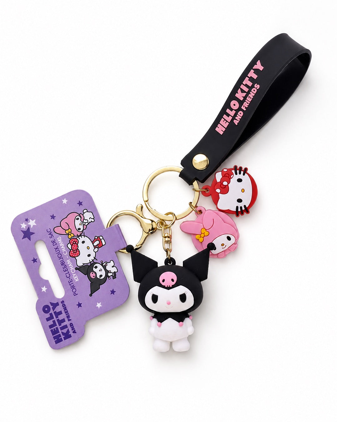 Porte-clés Kuromi Sanrio avec sa sangle noir Hello Kitty présenté de face attaché à son étiquette cartonnée violette d'origine.