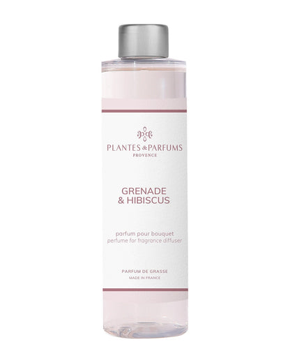 Recharge pour bouquet parfumé 200 ml, fragrance Grenade & hibiscus de Plantes et Parfums. Boutique Style So Chic.