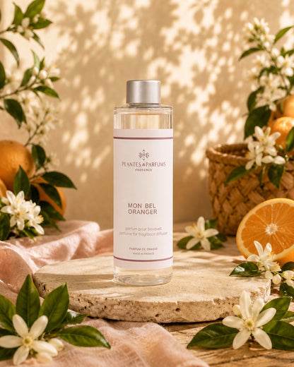 Recharge pour bouquet parfumé 200 ml, fragrance Mon bel oranger de Plantes et Parfums. Ambiance floral. Livraison partout au Canada.