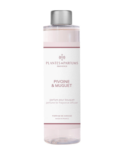Recharge pour bouquet parfumé 200 ml, fragrance Pivoine & muguet de Plantes et Parfums. Boutique Style So Chic.