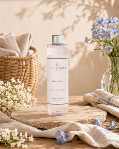 Recharge pour bouquet parfumé 200 ml, fragrance Rêve de lin de Plantes et Parfums. Ambiance poudré. Livraison partout au Canada.