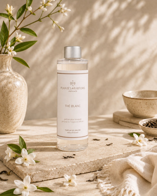 Recharge pour bouquet parfumé 200 ml, fragrance Thé blanc de Plantes et Parfums. Ambiance poudré. Livraison partout au Canada