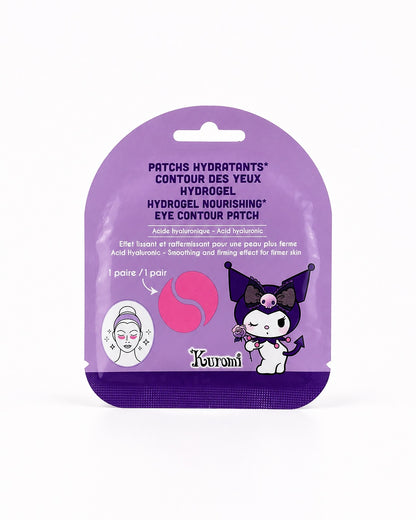 Sachet mauve de patchs hydratants contour des yeux hydrogel Kuromi Sanrio à l'acide hyaluronique de couleur violet affichant le personnage.