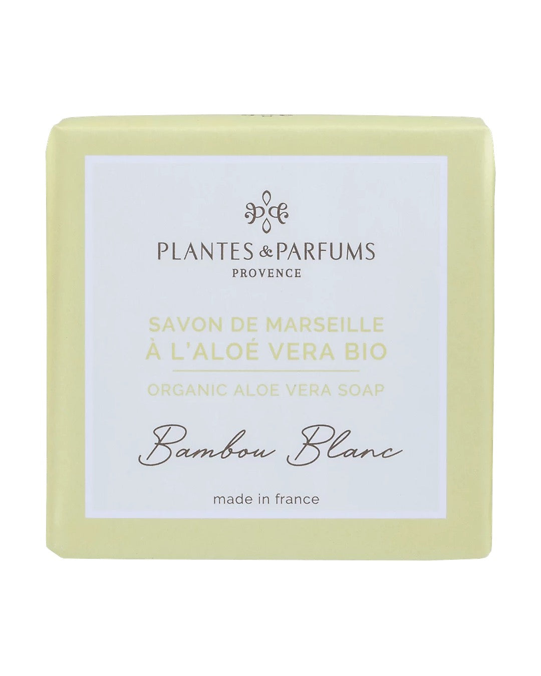 Savon de Marseille à l'aloé vera BIO 100 g, fragrance Bambou blanc. Plantes & Parfums. Emballage papier, ambiance bambou blanc.