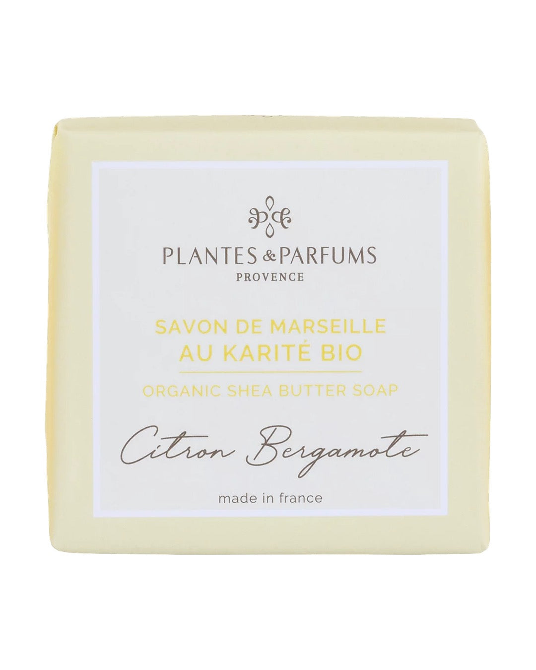 Savon de Marseille au beurre de karité BIO 100 g, fragrance Citron bergamote. Plantes & Parfums. Emballage papier.