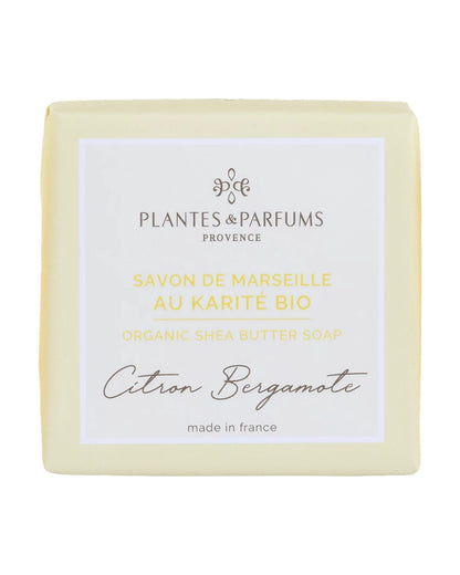 Savon de Marseille au beurre de karité BIO 100 g, fragrance Citron bergamote. Plantes & Parfums. Emballage papier.