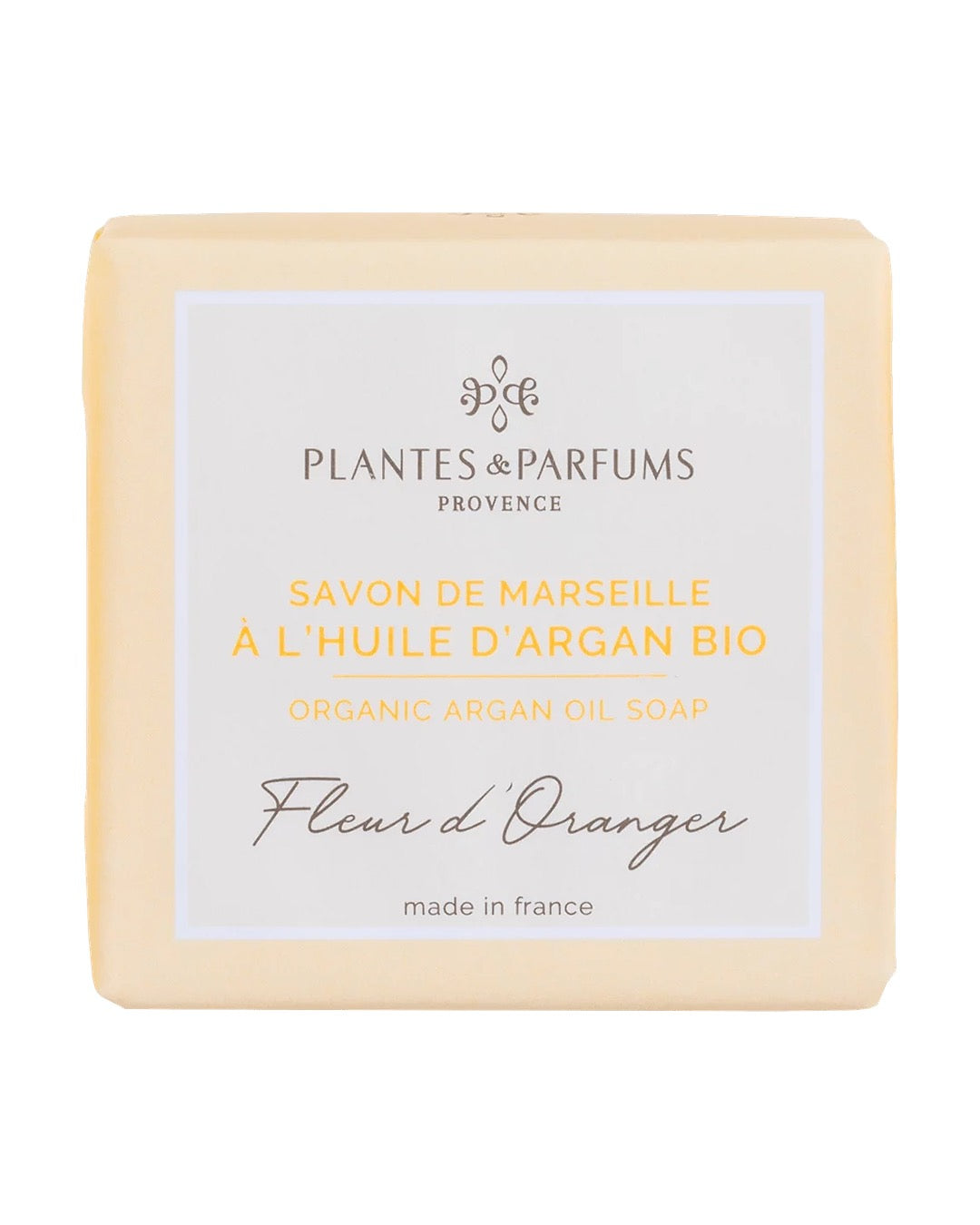 Savon de Marseille à l'huile d'argan BIO 100 g, fragrance Fleur d’oranger. Plantes & Parfums. Emballage papier.