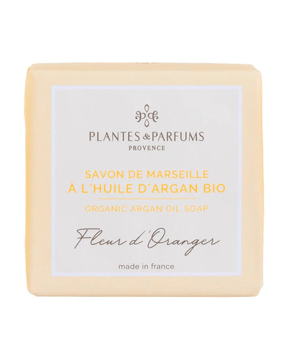 Savon de Marseille à l'huile d'argan BIO 100 g, fragrance Fleur d’oranger. Plantes & Parfums. Emballage papier.