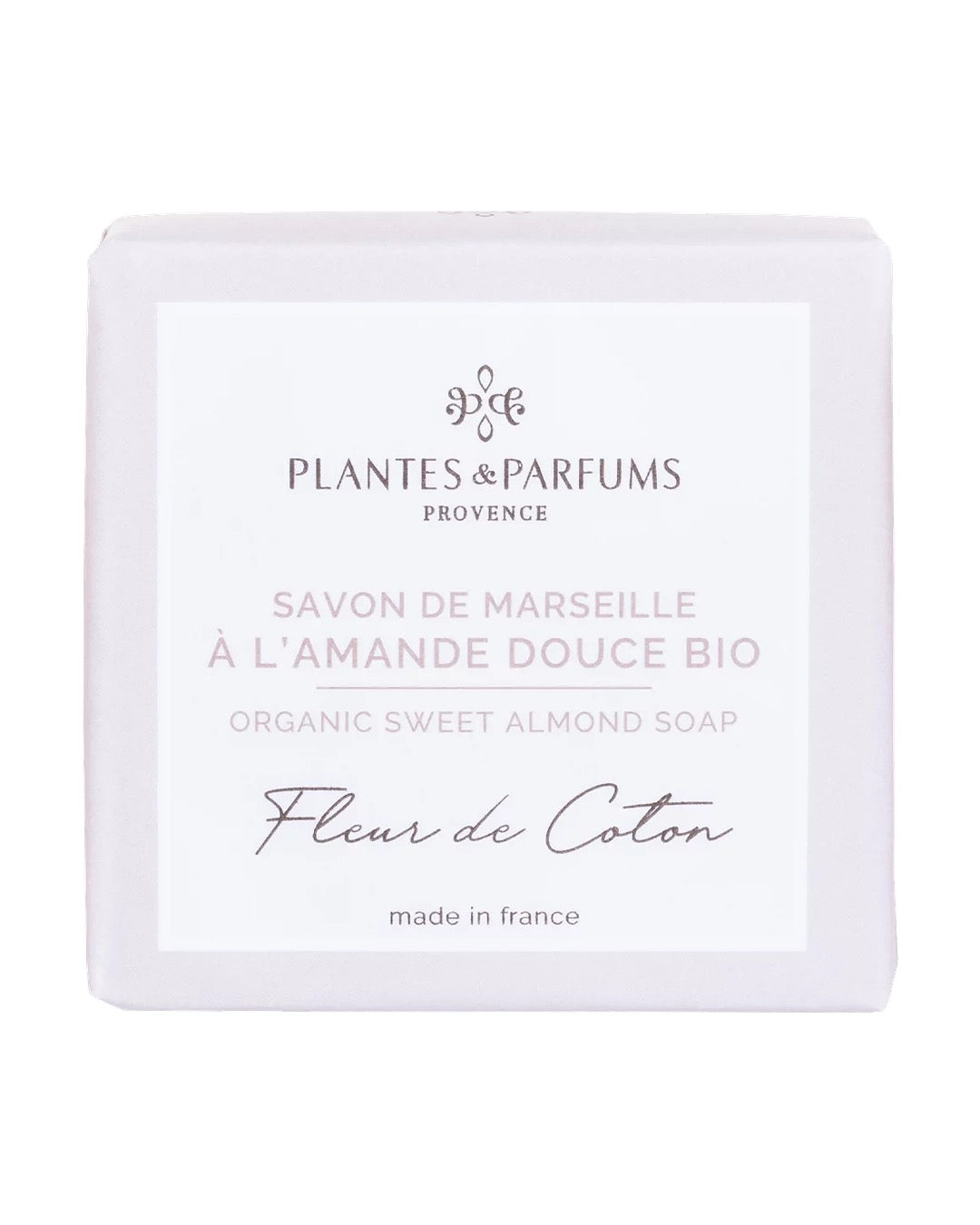Savon de Marseille à l'amande douce BIO 100 g, fragrance Fleur de coton. Plantes & Parfums. Emballage papier.