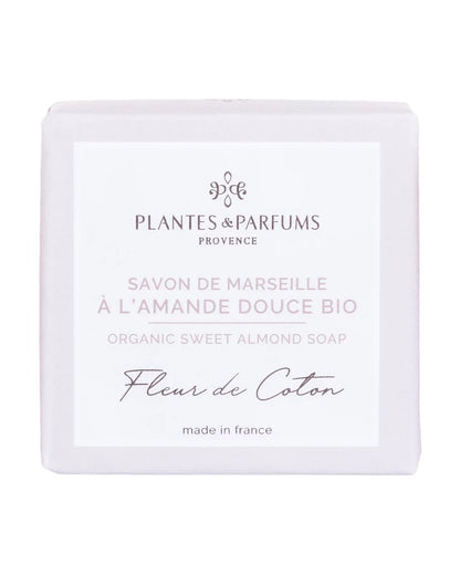 Savon de Marseille à l'amande douce BIO 100 g, fragrance Fleur de coton. Plantes & Parfums. Emballage papier.