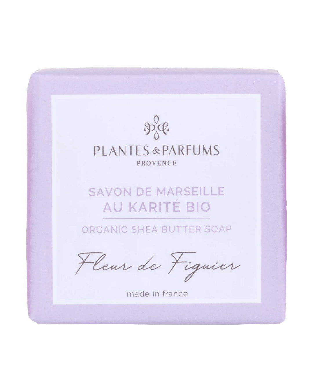 Savon de Marseille au beurre de karité BIO 100 g, fragrance Fleur de figuier. Plantes & Parfums. Emballage papier.