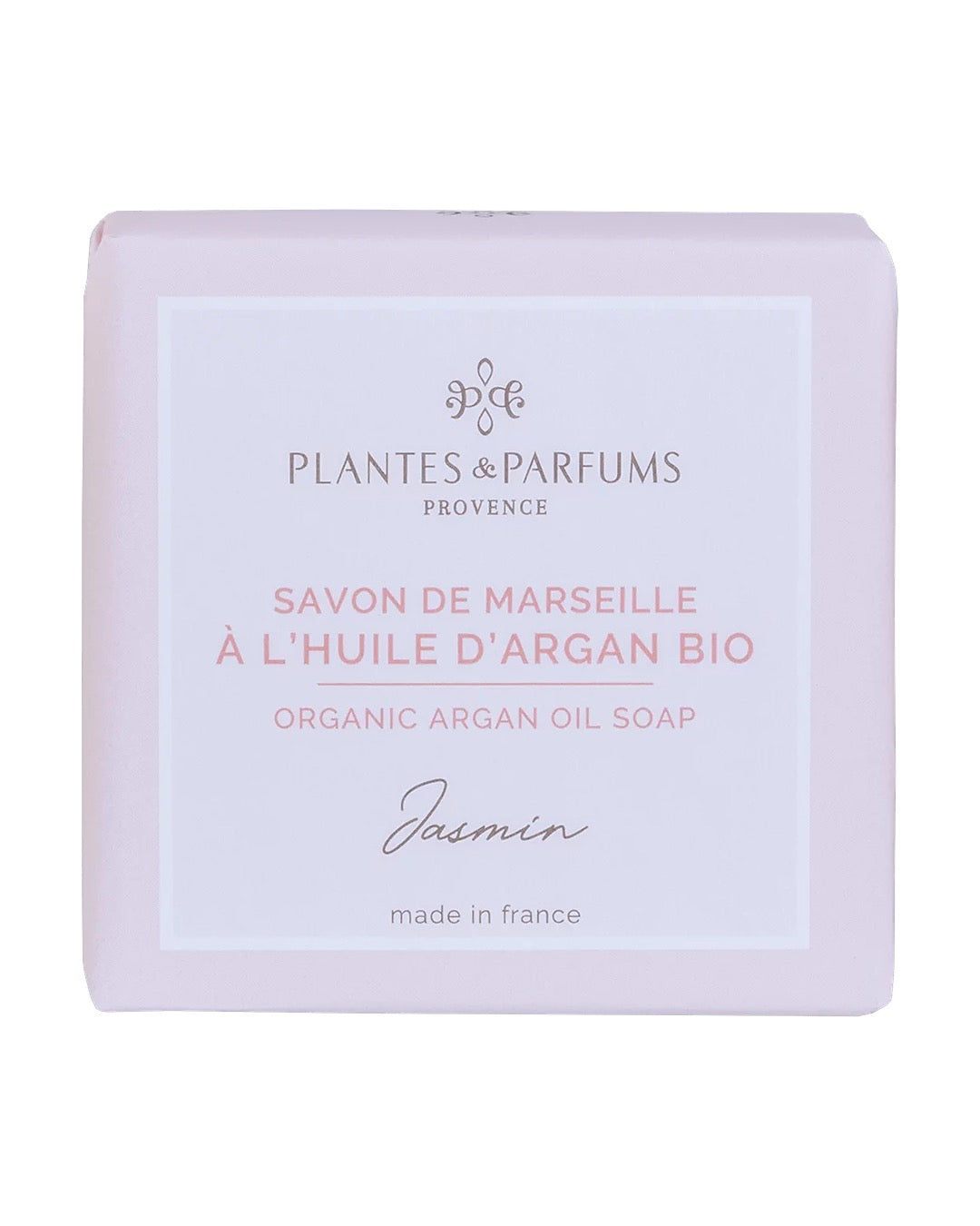 Savon de Marseille à l'huile d'argan BIO 100 g, fragrance Jasmin. Plantes & Parfums. Emballage papier.