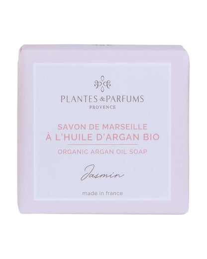 Savon de Marseille à l'huile d'argan BIO 100 g, fragrance Jasmin. Plantes & Parfums. Emballage papier.