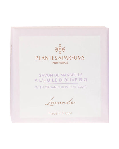 Savon de Marseille à l'huile d'olive BIO 100 g, fragrance Lavande. Plantes & Parfums. Emballage papier.