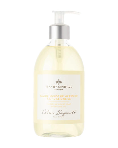 Une bouteille pompe de 500 ml de savon de Marseille liquide, fragrance Citron bergamote, Plantes & Parfums.
