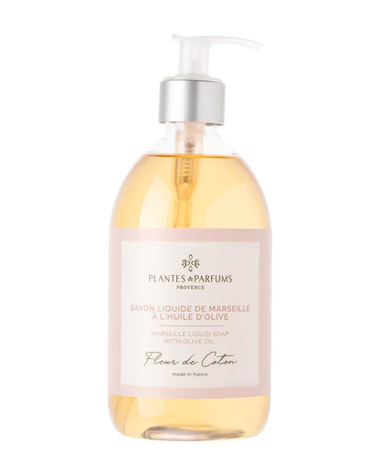 Une bouteille pompe de 500 ml de savon de Marseille liquide, fragrance Fleur de coton, Plantes & Parfums.