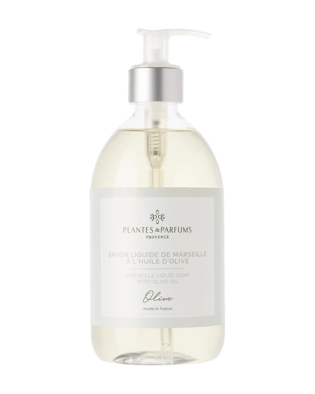 Une bouteille pompe de 500 ml de savon de Marseille liquide, fragrance Olive, Plantes & Parfums.