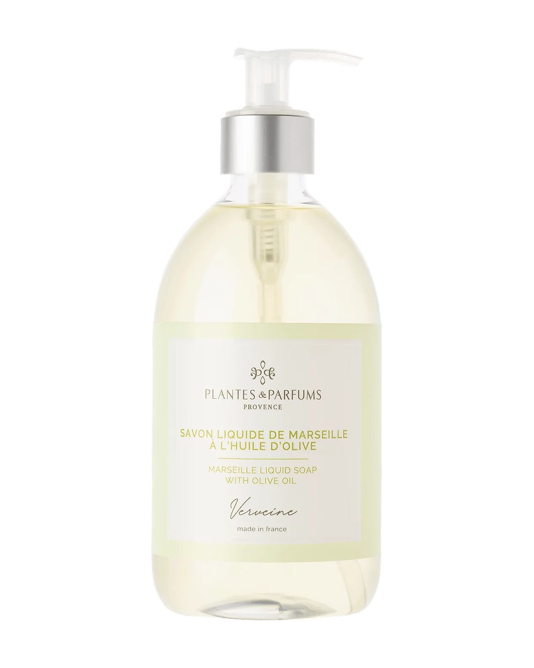 Une bouteille pompe de 500 ml de savon de Marseille liquide, fragrance Verveine, Plantes & Parfums.