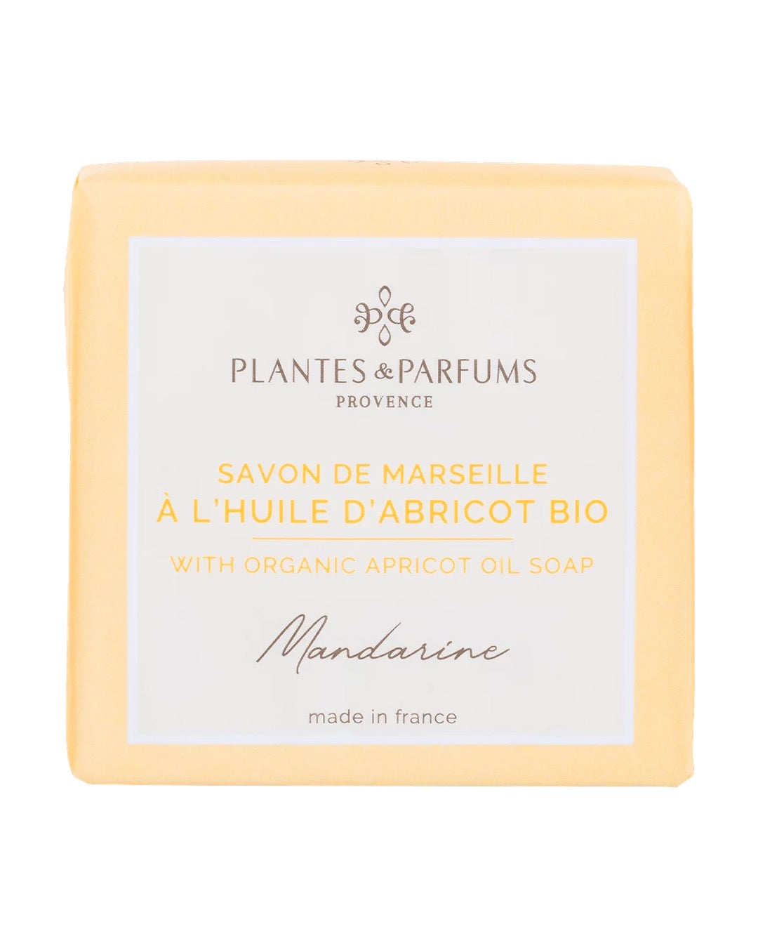 Savon de Marseille à l'huile d'abricot BIO 100 g, fragrance Mandarine. Plantes & Parfums. Emballage papier.