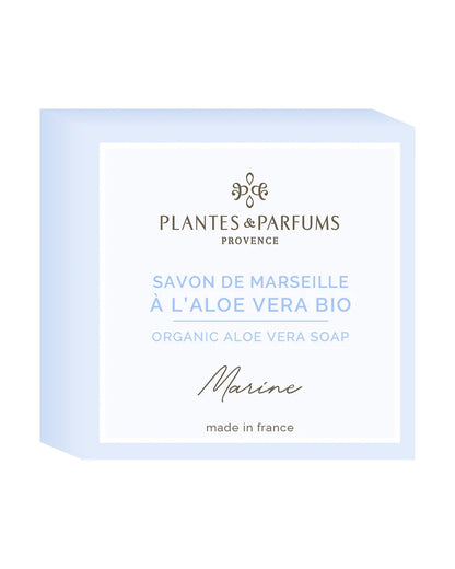 Savon de Marseille à l'aloé vera BIO 100 g, fragrance Marine. Plantes & Parfums. Emballage papier.