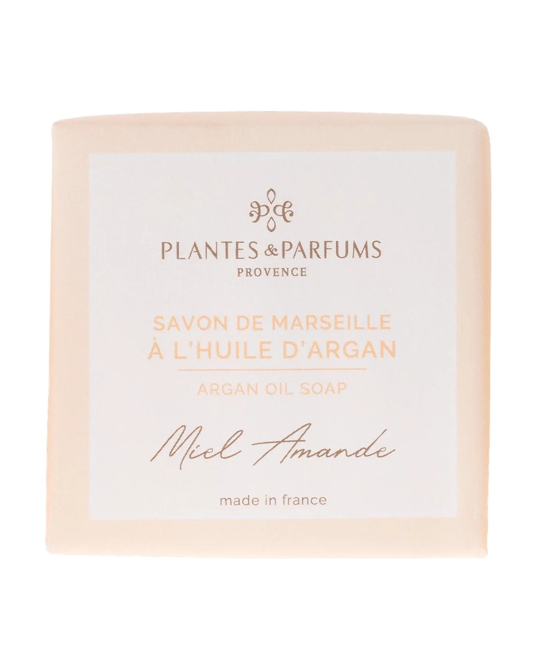 Savon de Marseille à la cire d'abeille 100 g, fragrance Miel et amande. Plantes & Parfums. Emballage papier.