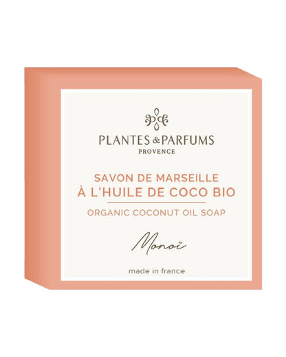 Savon de Marseille à l'huile de coco BIO 100 g, fragrance Monoï. Plantes & Parfums. Emballage papier.