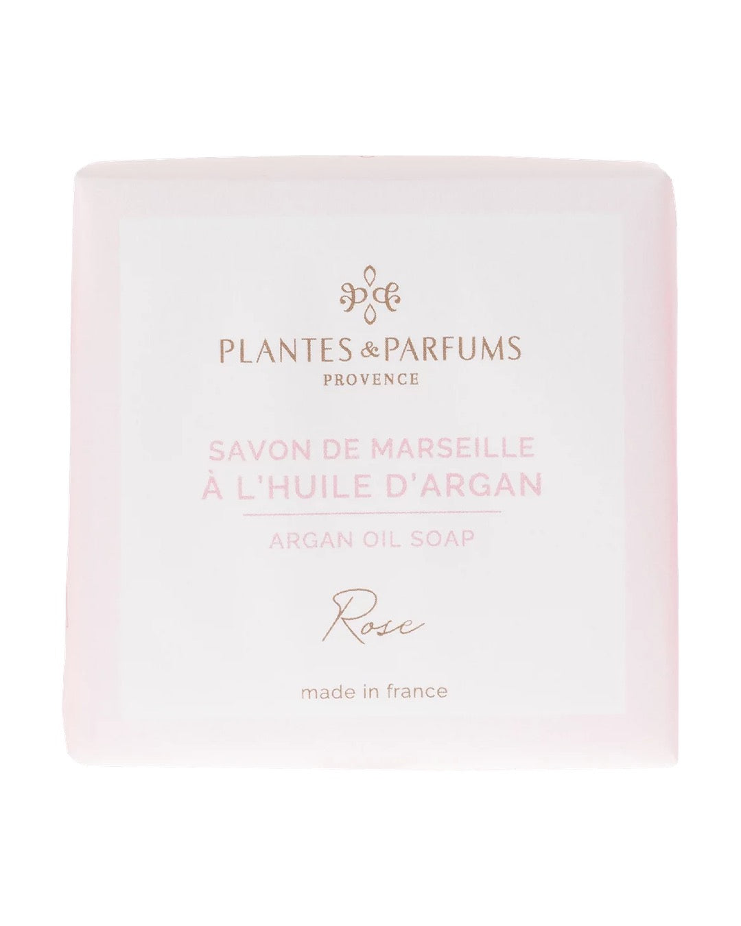 Savon de Marseille à l'huile d'argan BIO 100 g, fragrance Rose. Plantes & Parfums. Emballage papier.
