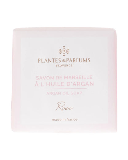 Savon de Marseille à l'huile d'argan BIO 100 g, fragrance Rose. Plantes & Parfums. Emballage papier.