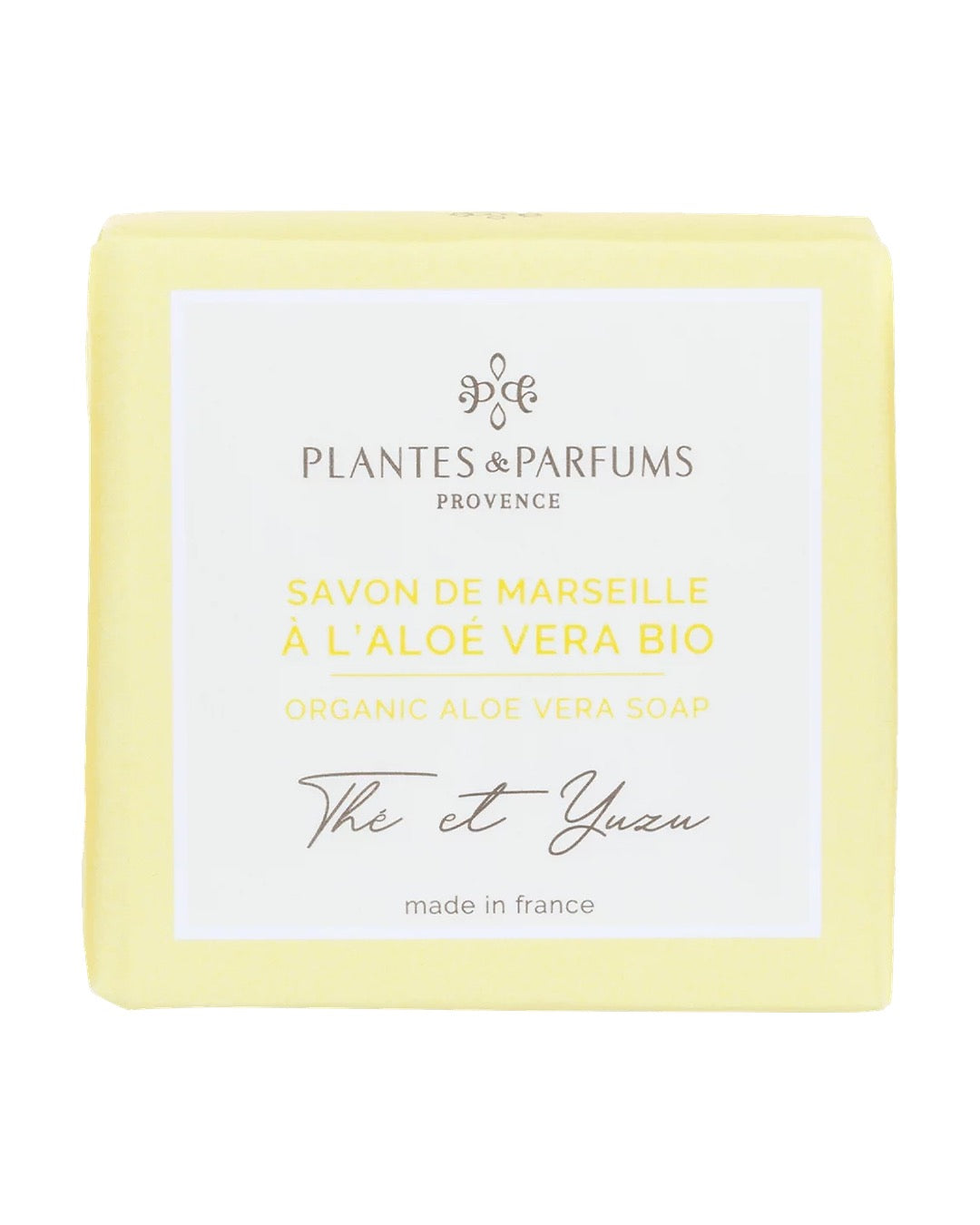 Savon de Marseille à l'aloé vera BIO 100 g, fragrance Thé et Yuzu. Plantes & Parfums. Emballage papier.