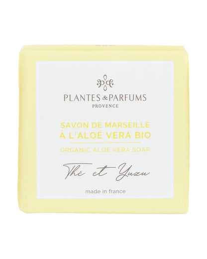 Savon de Marseille à l'aloé vera BIO 100 g, fragrance Thé et Yuzu. Plantes & Parfums. Emballage papier.