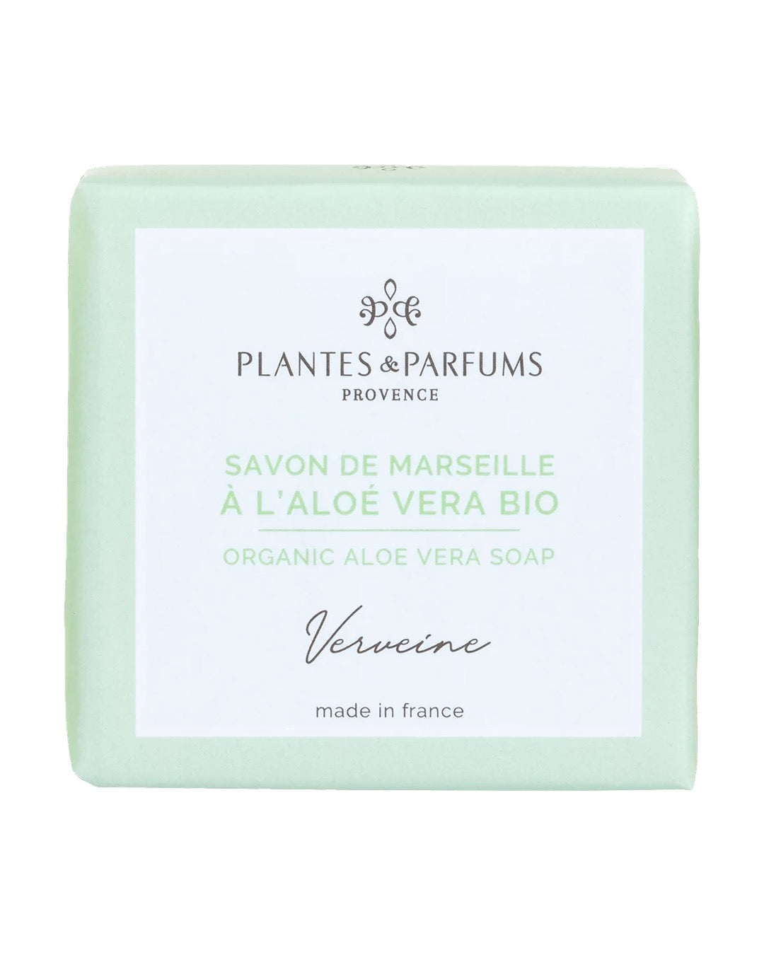 Savon de Marseille à l'aloé vera BIO 100 g, fragrance Verveine. Plantes & Parfums. Emballage papier.